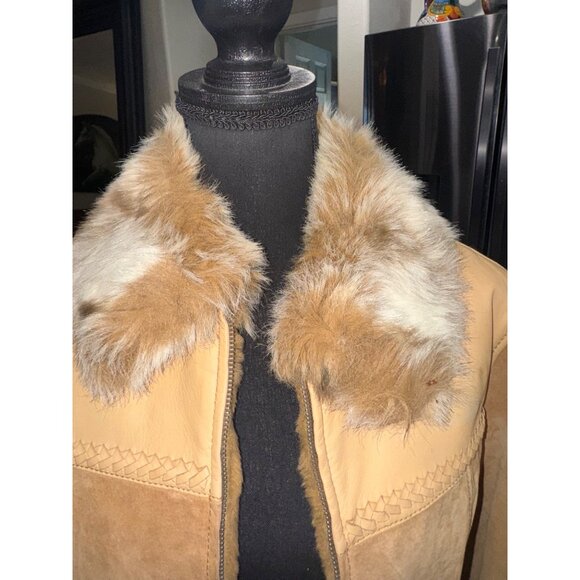 Vintage Cripple Creek Penny Lane Tan Suede Leather Jacket Faux Fur Y2K Western - Picture 3 of 9